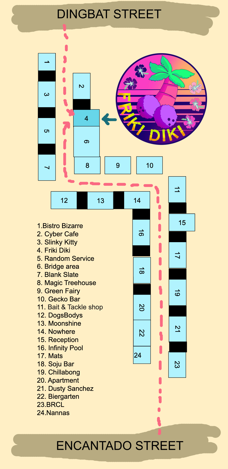 Map to Friki Diki located in Golden Guy Alley at 7:45 & Dingbat